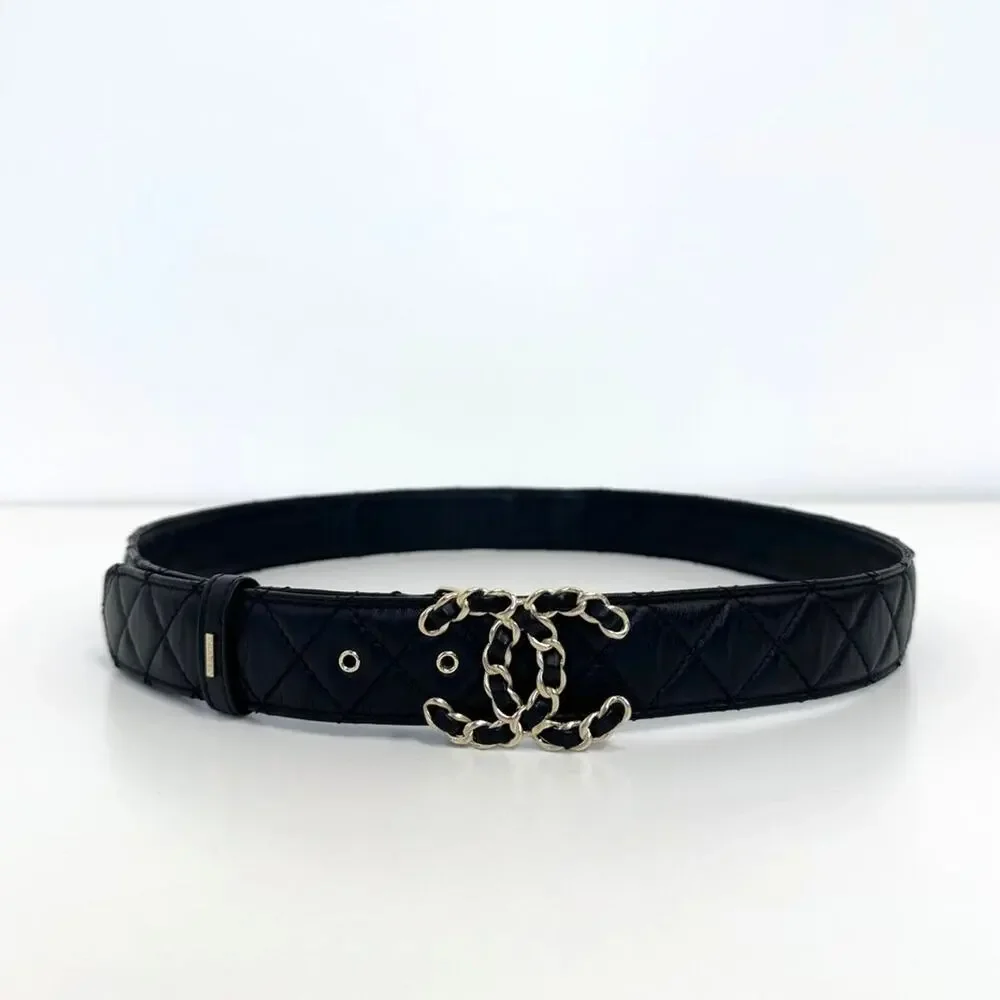 CHANEL Quilted Black Lambskin Leather Belt 90 CC Chain 19 Logo Gold Buckle 36